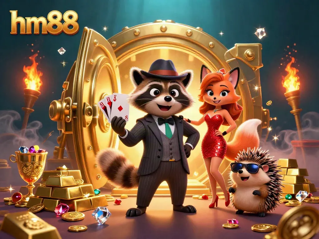 Experience the excitement of gambling at hm88 with vibrant characters in a rich casino setting filled with treasures.