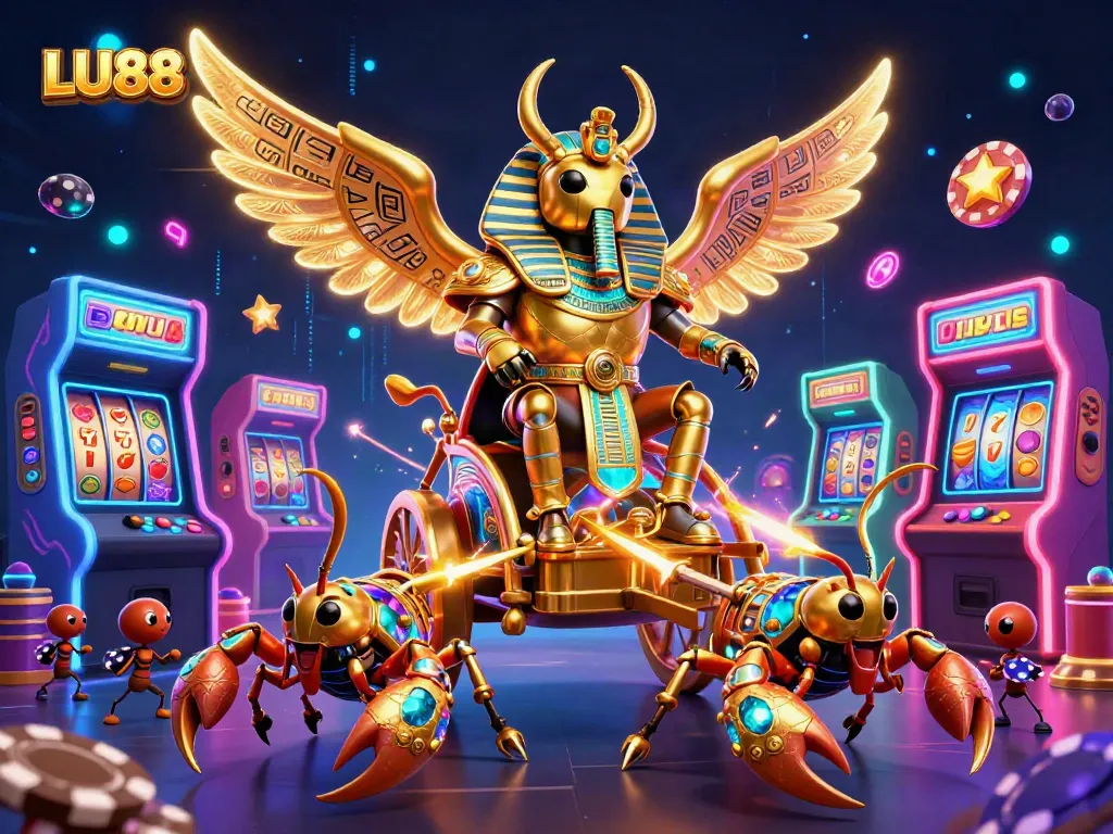 LU88 casino scene featuring a golden scarab beetle, casino games, and vibrant neon elements