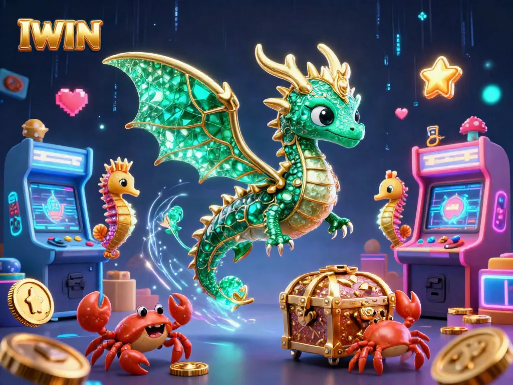 IWIN showcases a vibrant casino scene with a playful sea dragon among arcade gaming elements and treasure, engaging gamblers.