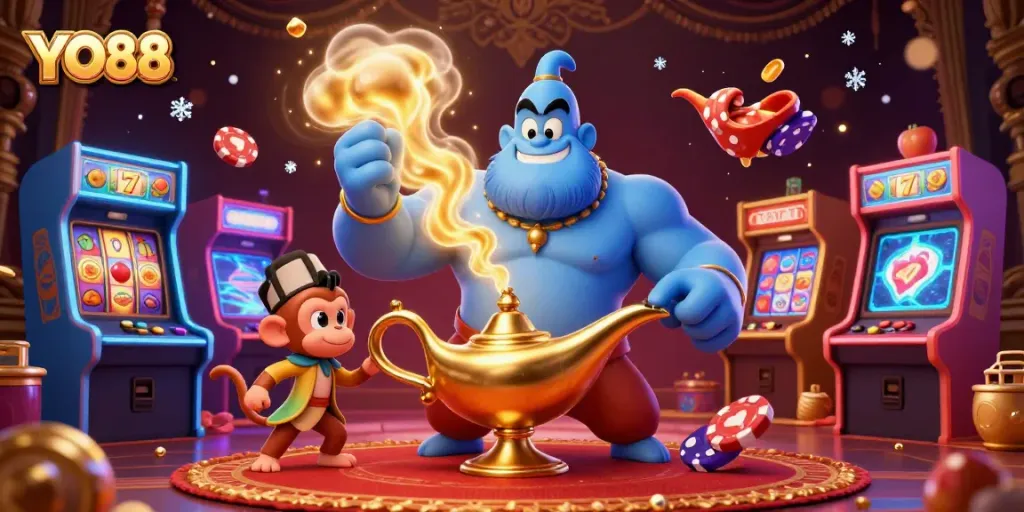 Engage with the exciting games at YO88 casino featuring a blue genie, Aladdin-style monkey, and dynamic poker elements.