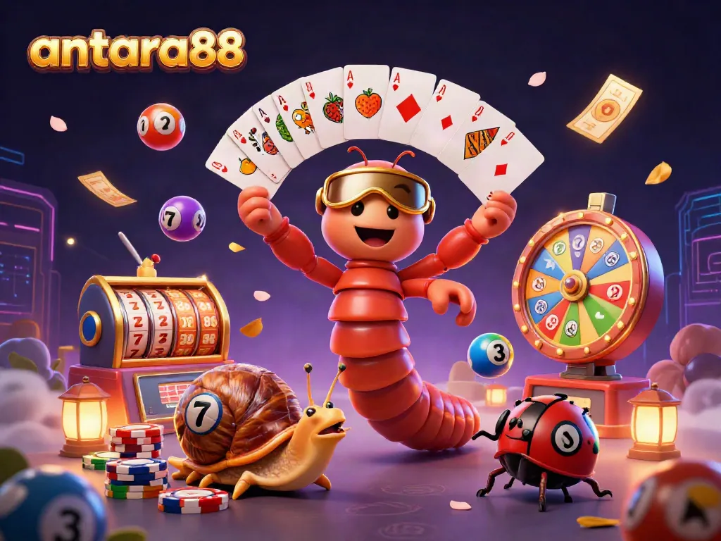 Enticing scene featuring antara88's 3D cartoon millipede dealer and characters engaging in vibrant casino activities.