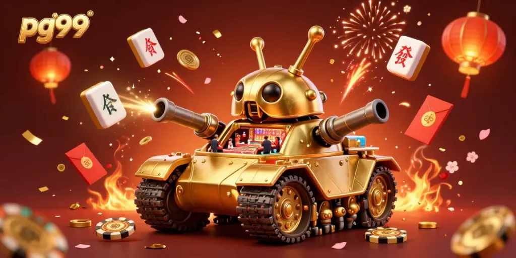 Experience the excitement of pg99's mini casino inside a golden beetle tank with vibrant decor and games.