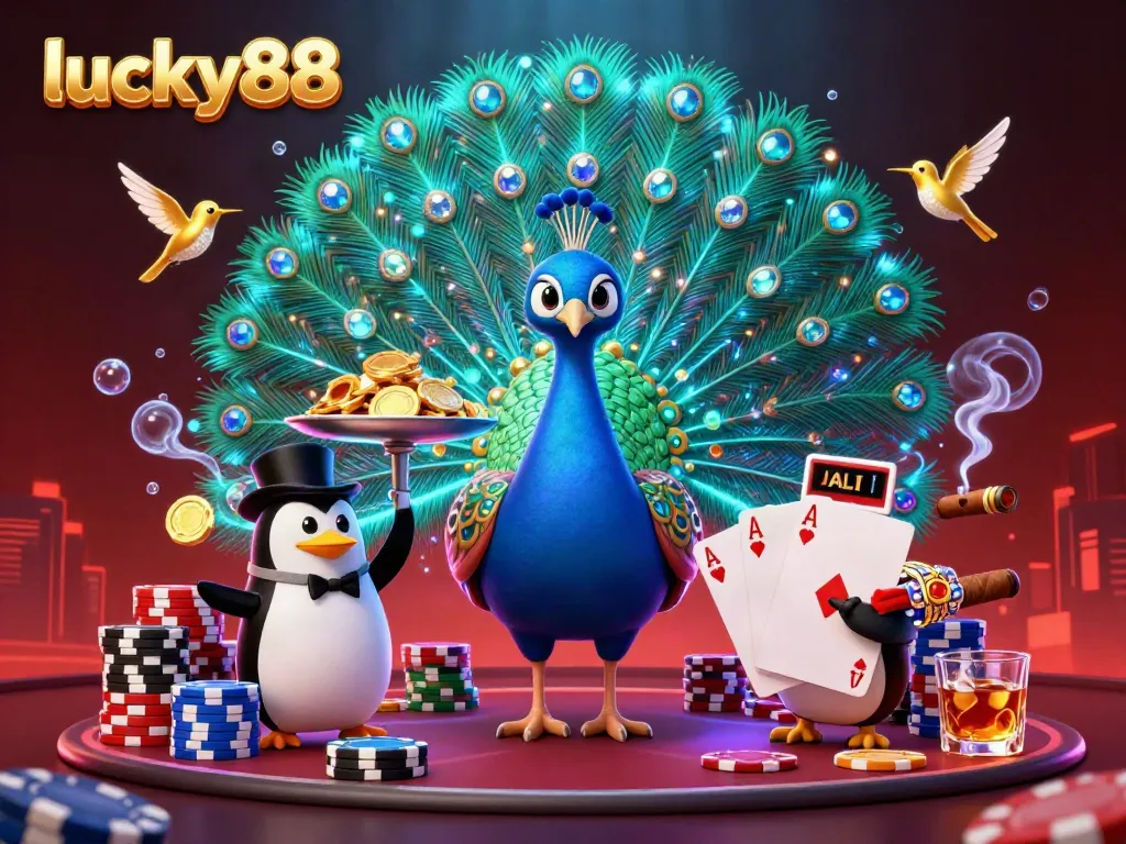 Engage with lucky88 as you experience vibrant casino action with a peacock, butler, and hummingbird.