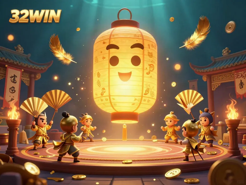 Experience the vibrant world of 32WIN with an energetic casino scene featuring a giant golden lantern spirit and lively companions.