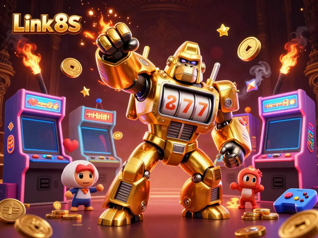 Engage winnings at Link 8S with a dynamic 3D illustration featuring a golden gorilla mech and gaming elements.