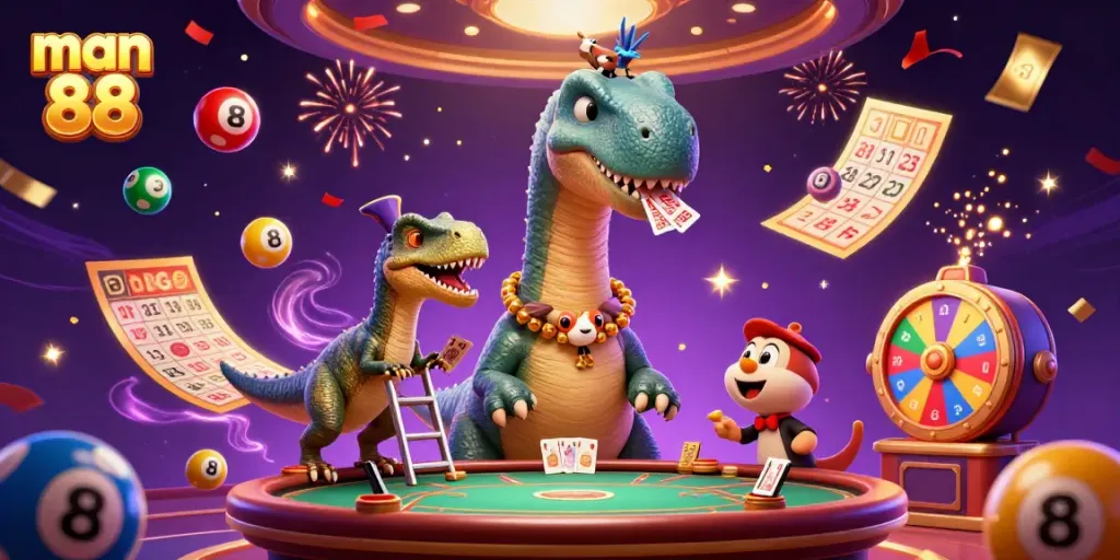 Experience fun at man 88 with a dazzling casino scene featuring a playful brontosaurus and raptor.