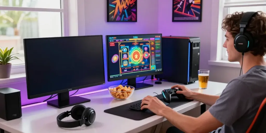 Player enjoying situs gacor gaming experience with colorful lights and snacks.