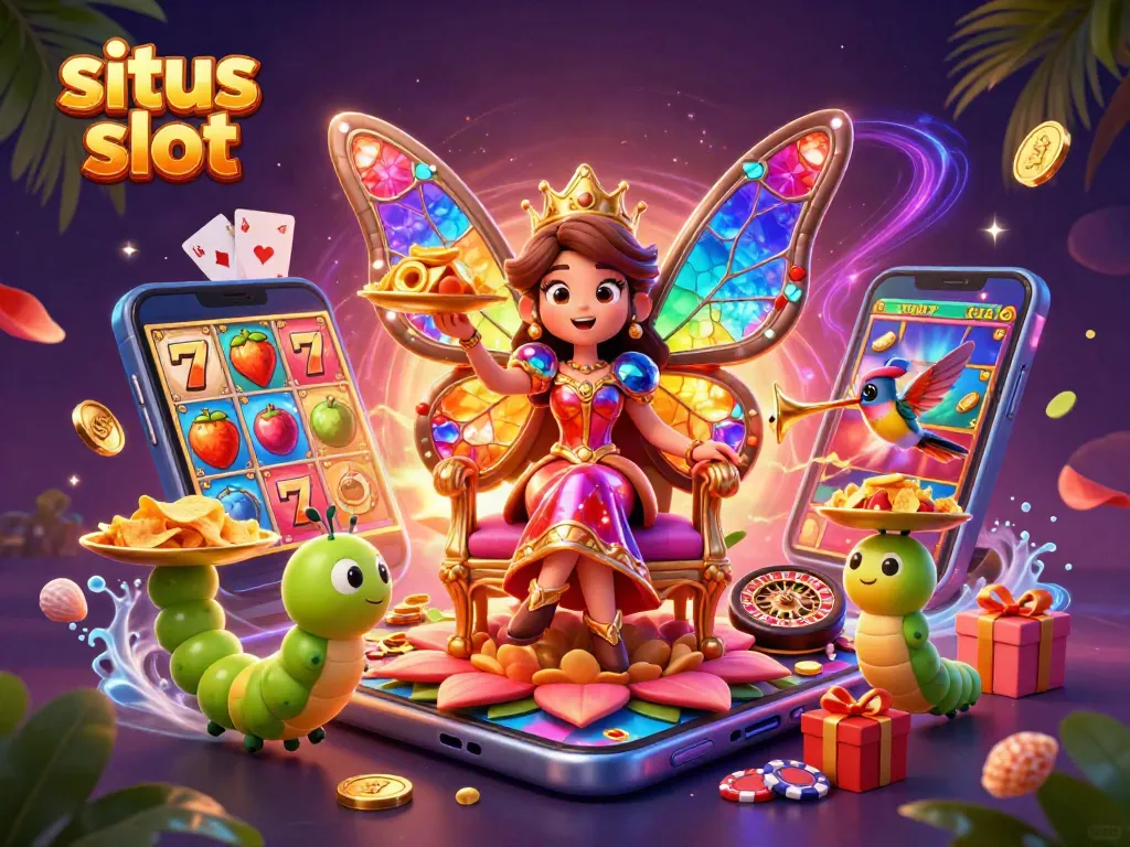 Situs slot illustration featuring a colorful butterfly queen and a casino atmosphere with gaming elements.
