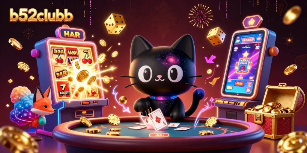 Engage in the cosmic thrill at b52clubb with a black hole cat and vibrant galaxy elements.