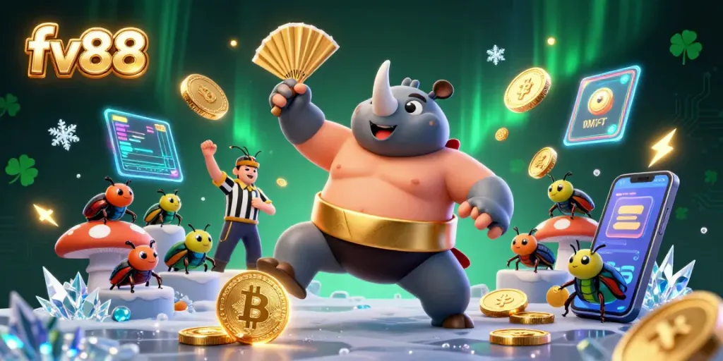 Experience the thrill of fv88 casino magic with 3D cartoon beetles and crypto coins flying around.