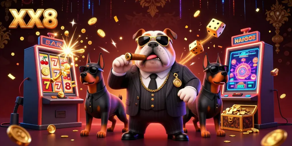 Experience thrilling gaming with XX8 as a cartoon mafia boss and bodyguards celebrate a jackpot win.