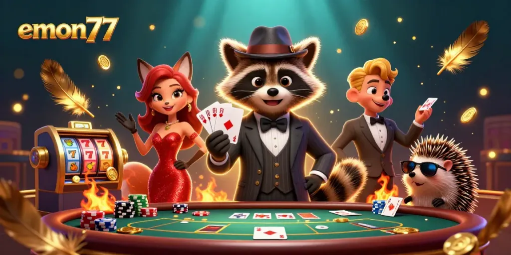 Experience thrilling poker action with emon77 in a vibrant casino scene showcasing a raccoon and fox.