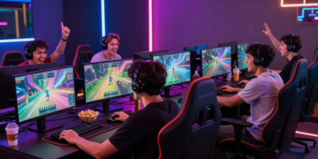 A lively gaming lounge where players enjoy kilat 404 games in a vibrant, high-tech setting.