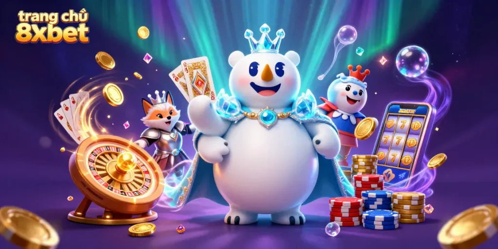 Experience excitement at trang chủ 8xbet with a 3D illustration of the ice king and fox amidst dynamic casino elements.