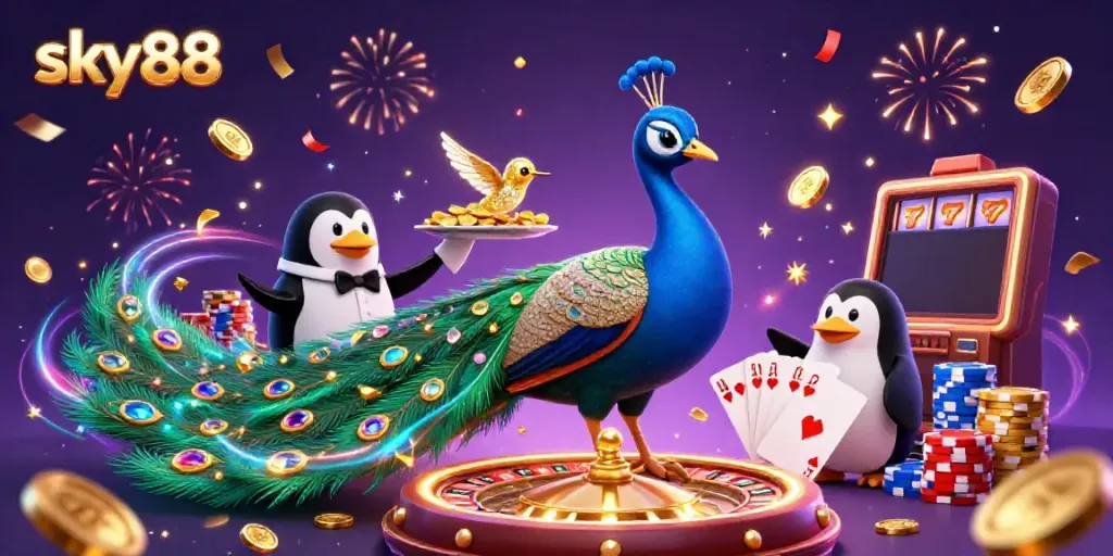 Win big with sky88's vibrant casino scene featuring a peacock, penguin, and hummingbird.