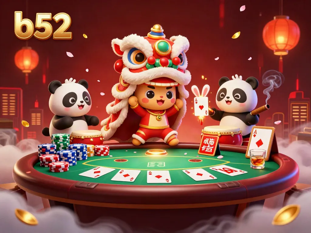 Experience the excitement of b52 casino gaming with a lively 3D lion dance and vibrant poker elements.