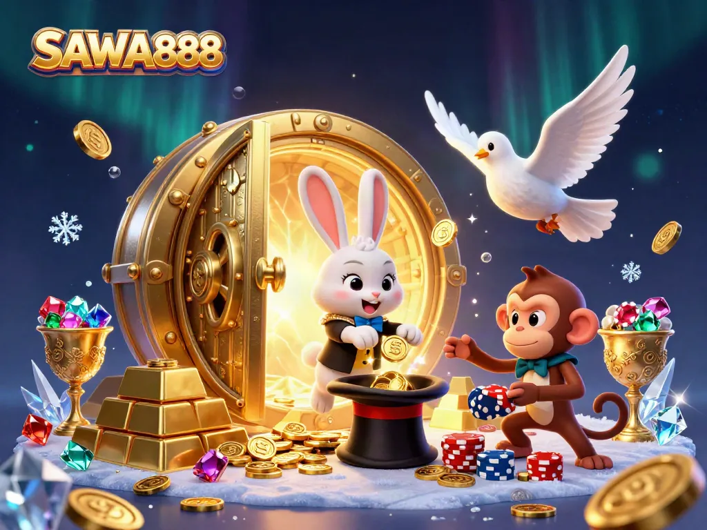 Engage with SAWA888 through this vibrant 3D casino illustration featuring whimsical characters and gold treasures.
