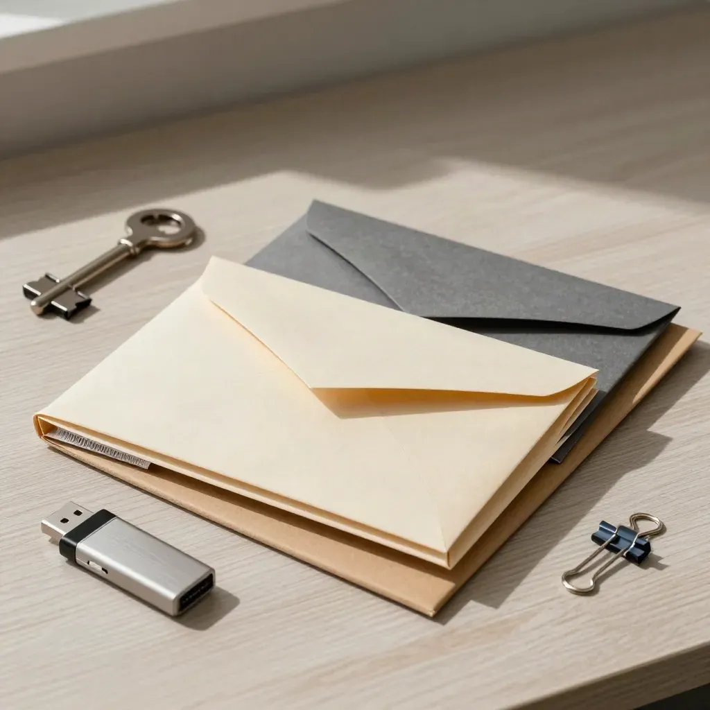 Pakiet materiałów szkoleniowych: foldery, pendrive i spinacze na jasnym drewnie.