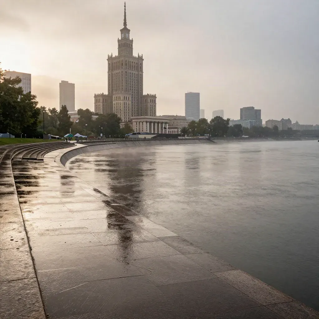 Warszawska panorama nad Wisłą po burzy, z Pałacem Kultury wysoko nad mokrym nabrzeżem.