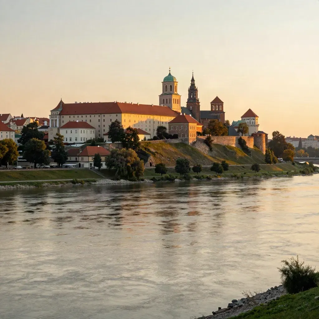 Wawel nad Wisłą w złotym świetle, z miękkimi wapiennymi wzgórzami w tle