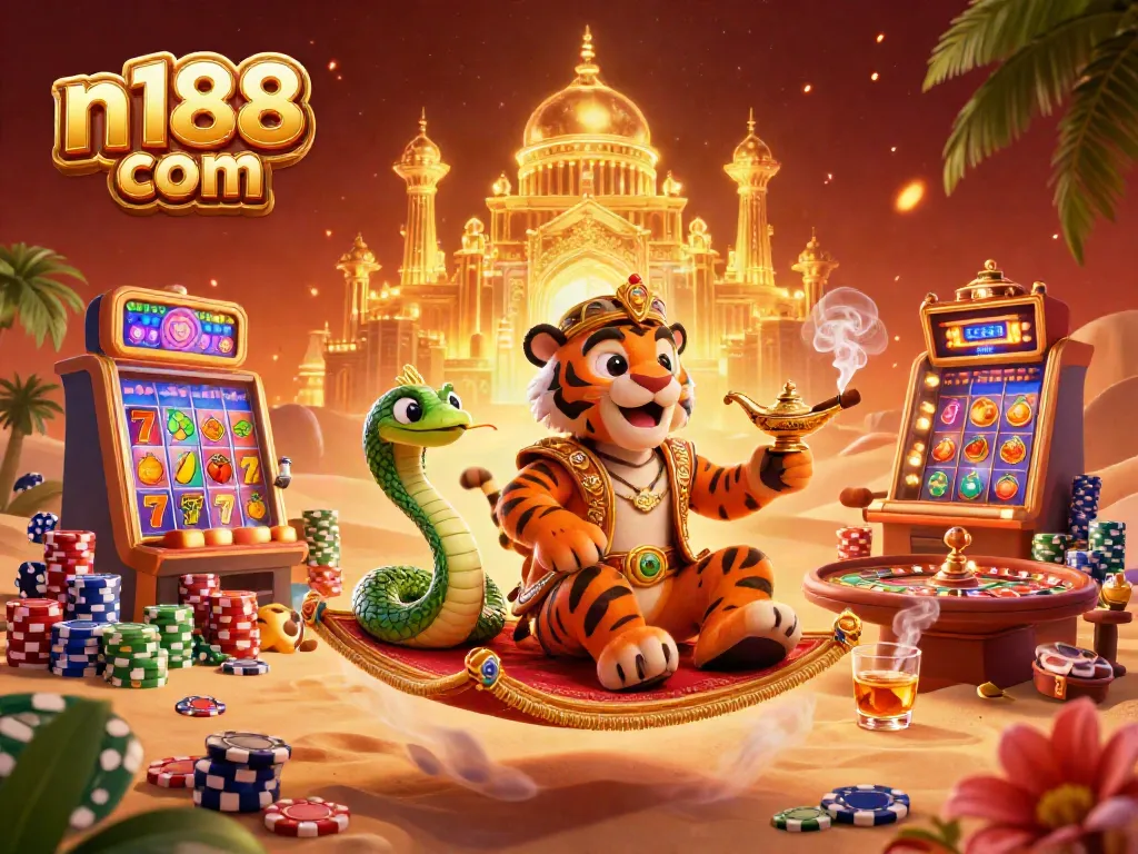 Engage in thrilling online gaming at n188 com with vibrant 3D scenes, showcasing casino elements.