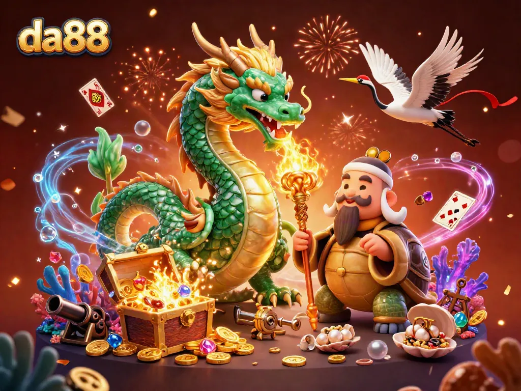 Engage with vibrant da88 gameplay featuring a dragon, turtle sage, and cranes amidst treasures and casino elements.