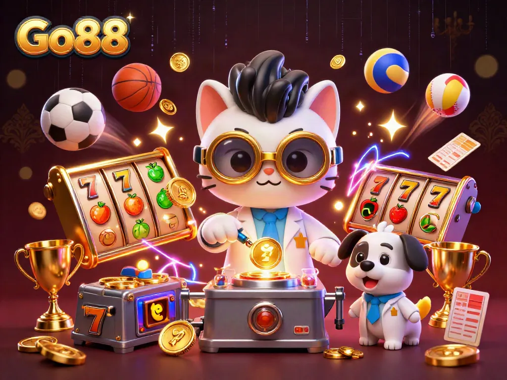 Go88 features a dynamic scene of a cartoon mad scientist cat creating a gold coin replication machine amidst lively casino elements.