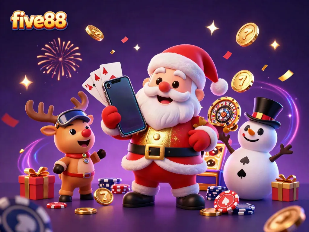 Experience the excitement of five88 with Santa in a casino surrounded by jackpot slots and festive atmosphere.