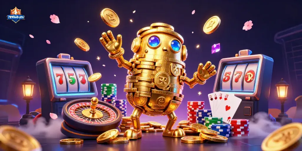Engage with thrilling gaming at 789lub-pro featuring a vibrant casino scene with golden golem.
