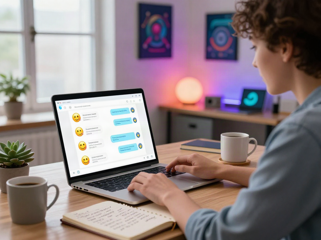 AI chat NSFW interactive scene with user engaging in personalized conversation in a modern workspace.