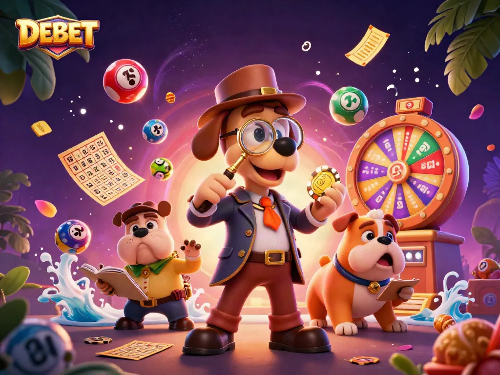 DEBET engaging with colorful lottery elements in a high-energy casino scene