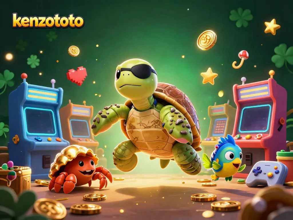 Engage in arcade fun with kenzototo featuring a cartoon pirate turtle and vibrant game machines.