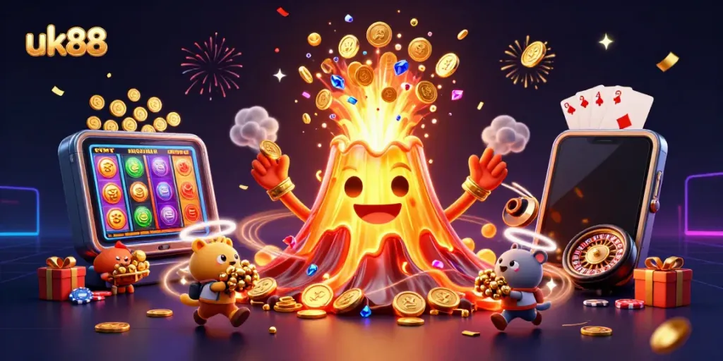 Players at uk88 enjoy thrilling slot games while a golden volcano erupts treasure around them.