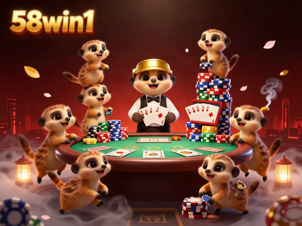 Experience lively gaming at 58win1 with meerkats in a vibrant casino scene showcasing poker excitement.