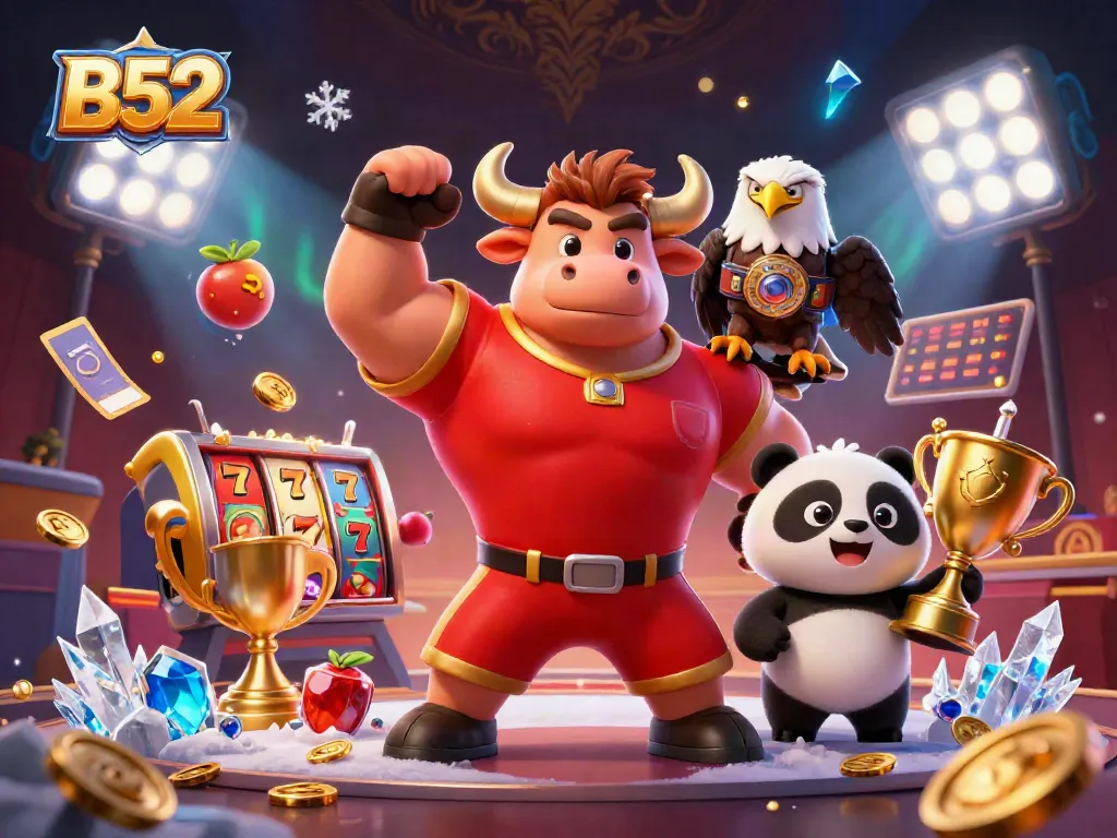 B52 casino slot victory celebration with a bull mascot, eagle, and panda, highlighting gaming excitement.