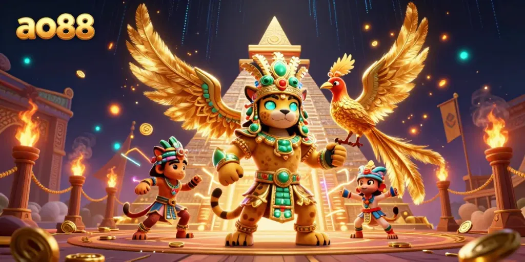 A dynamic depiction of ao88, embodying a Mayan jaguar priest and quetzal bird in a vibrant casino scene.