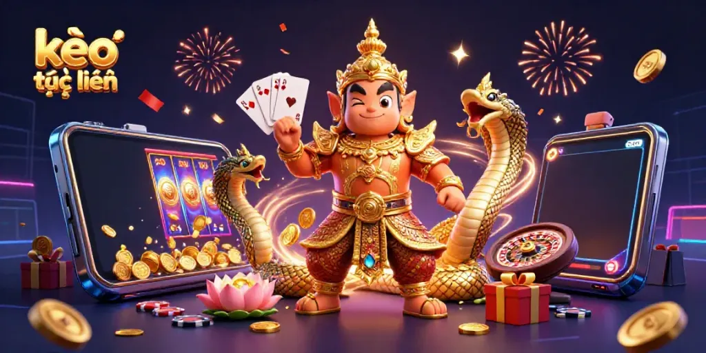 Experience kèo trực tuyến with exciting visuals, featuring a 3D Thai guardian and casino elements.