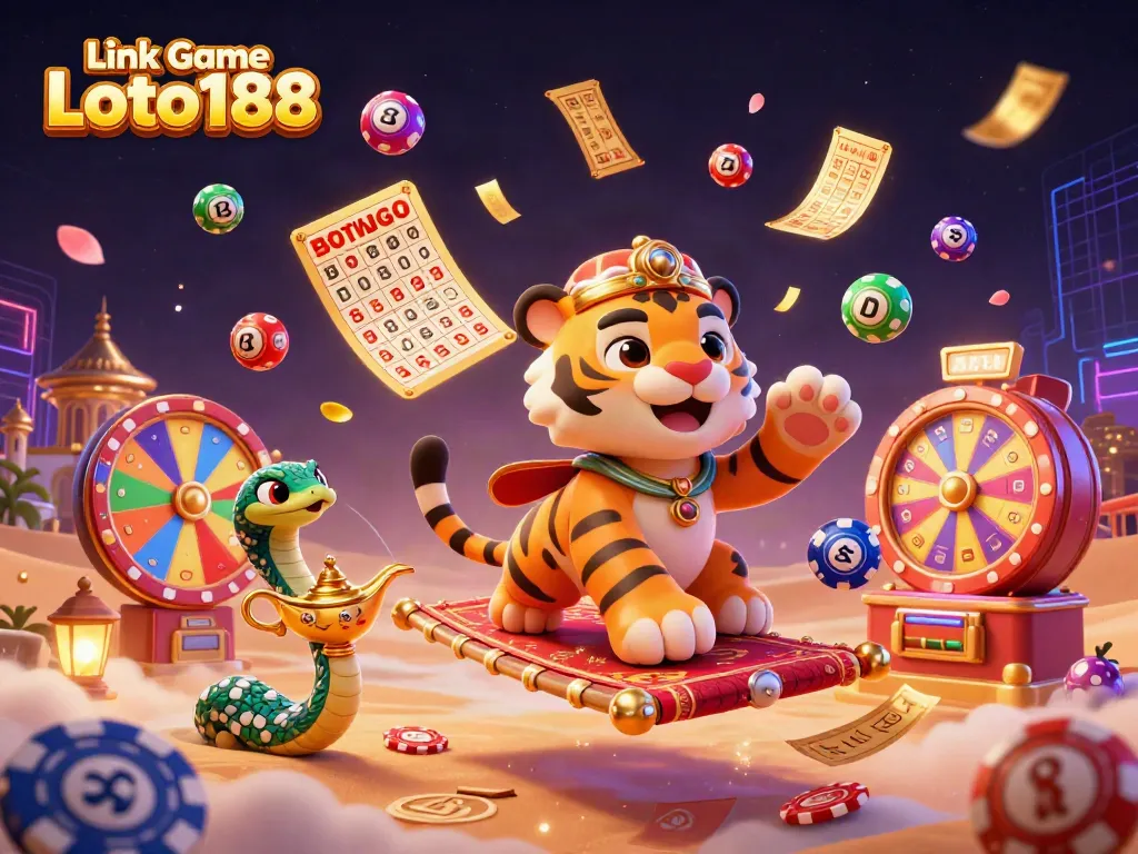 Participate in exciting lottery games with Link Game Loto188, featuring vibrant elements like lottery balls and a genie.