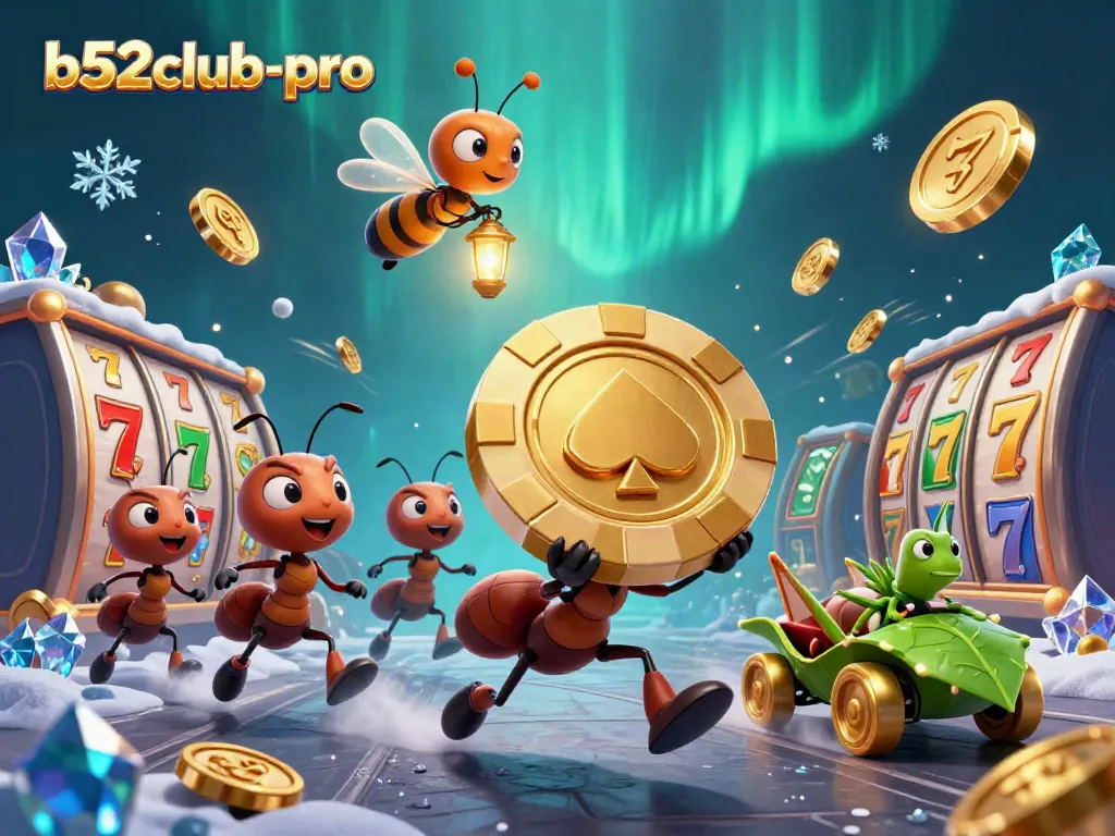 Ants heist for golden poker chip in a vibrant b52club-pro casino scene.