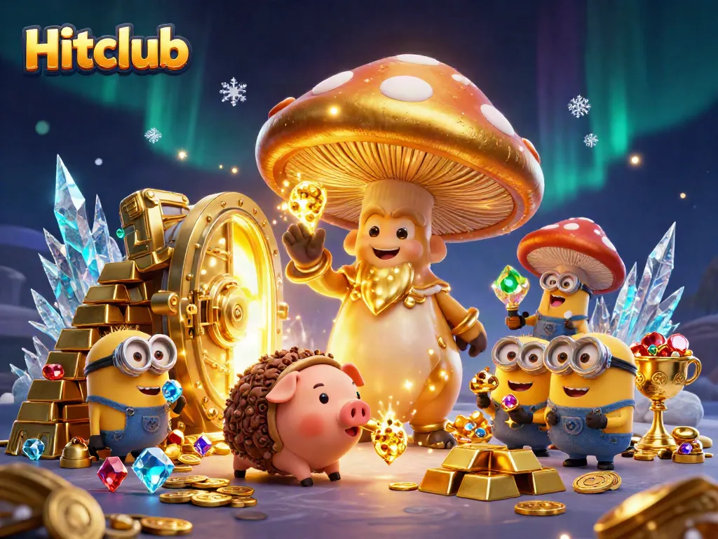 Hitclub showcases a magical world with a golden wizard, treasures, and vibrant casino elements in a 3D illustration.