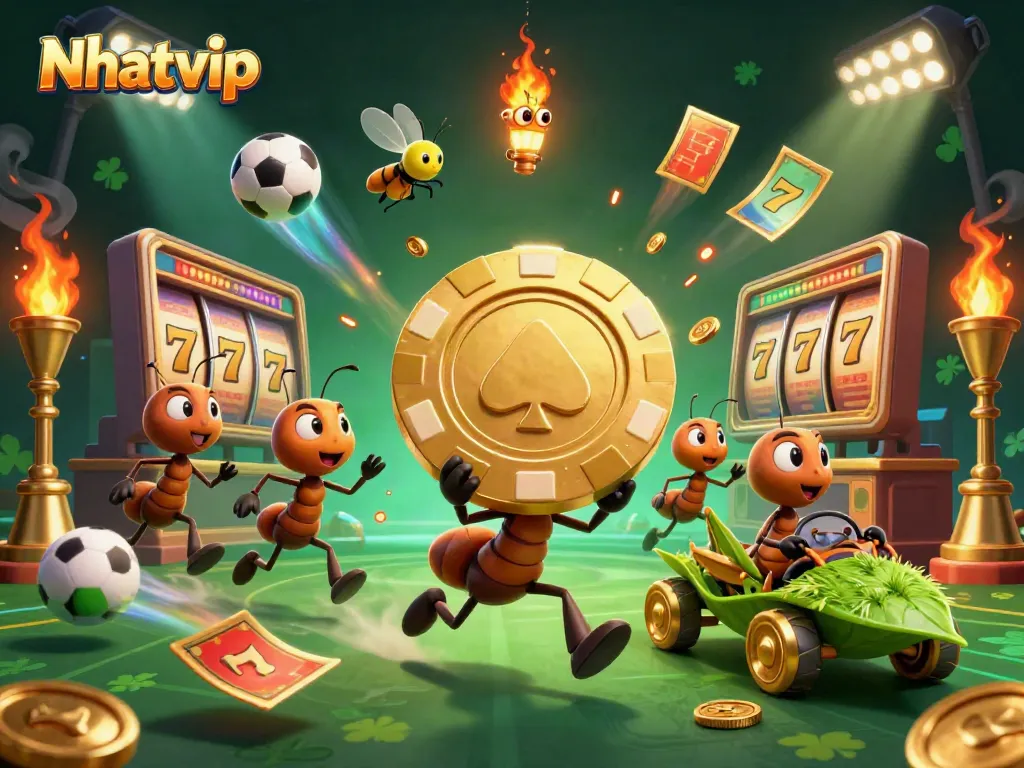 Nhatvip teams of cartoon ants in a thrilling casino heist with a golden poker chip.