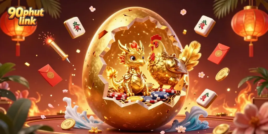 Engage with the thrilling 90phut link, showcasing a magical scene with a golden dragon and poker chips.
