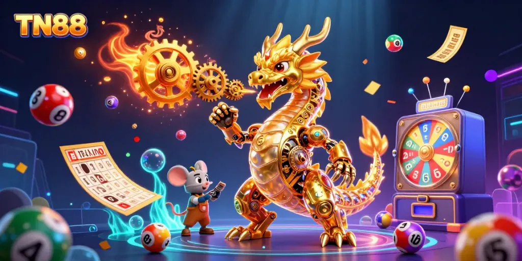 Experience thrilling gameplay with TN88's vibrant casino scene featuring a golden dragon and lottery excitement.
