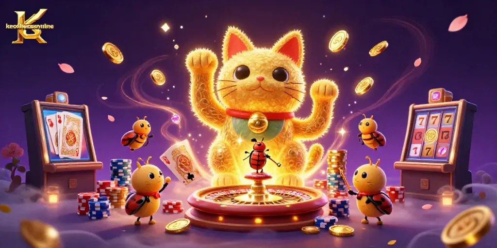 Experience keonhacaionline with a vibrant illustration of lucky cat symbols amidst a casino world.