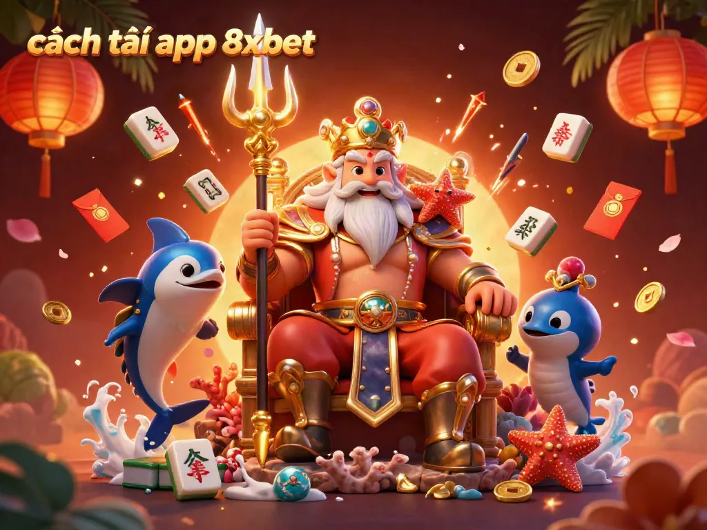 Experience the steps for cách tải app 8xbet in this vibrant 3D casino scene featuring a magical sea king and game elements.