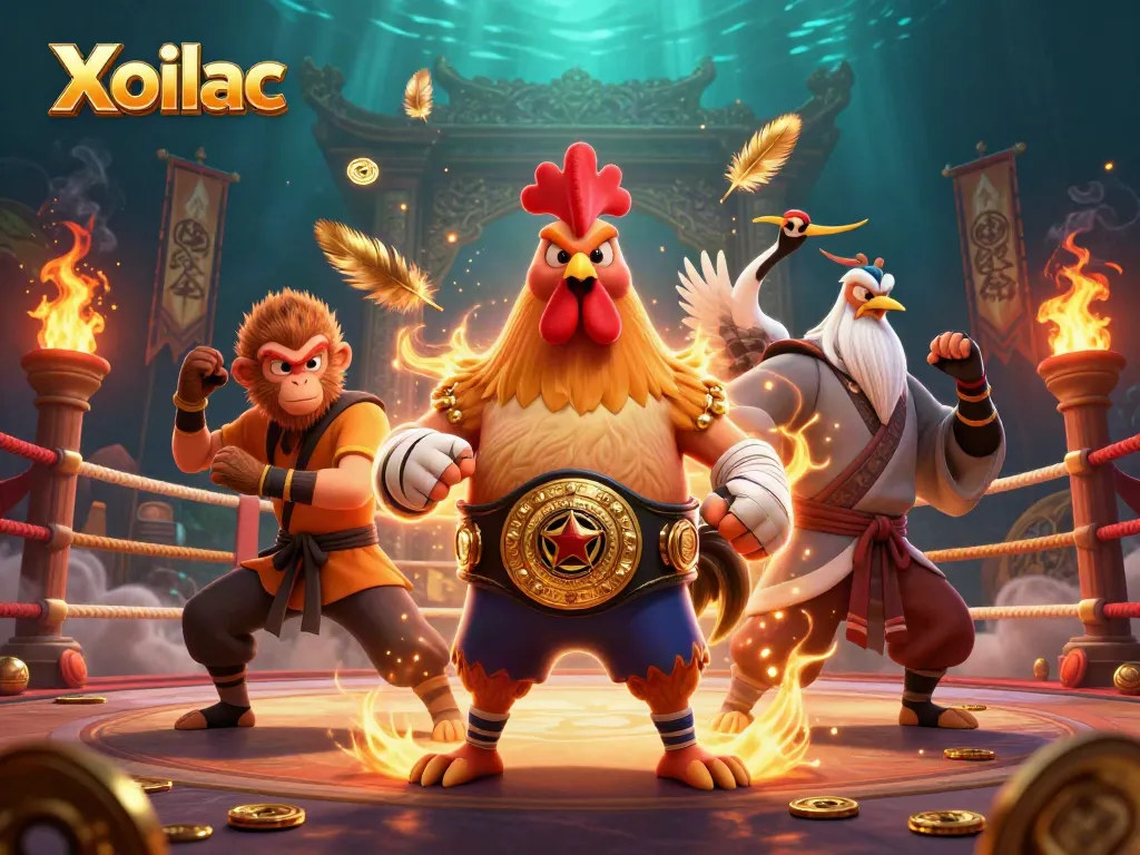 Xoilac showcases a fierce Muay Thai rooster and a Shaolin monkey martial artist in a dynamic casino-themed scene.