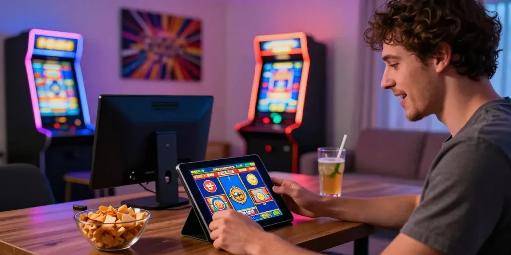 Player enjoying thrilling slot gacor hari ini game on a tablet in a cozy living room.