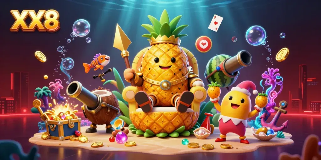 Engaging scene featuring the golden pineapple king, XX8, amidst a dynamic beach casino setting with treasures and playful elements.