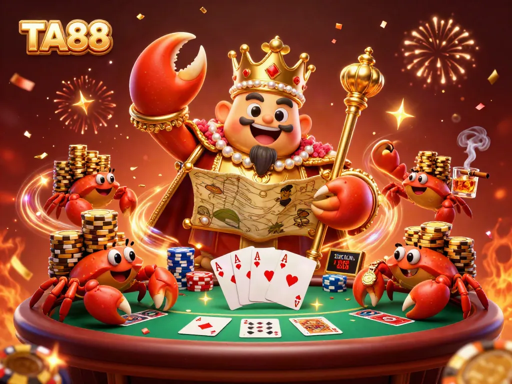 TA88 showcases a lively scene with a golden crab emperor and hermit crabs amidst vibrant poker elements, portraying exciting gambling action.
