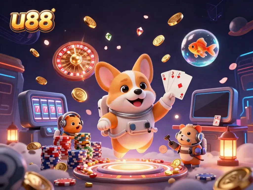 Engage with u88's exciting gaming atmosphere featuring a floating astronaut corgi amid casino elements.